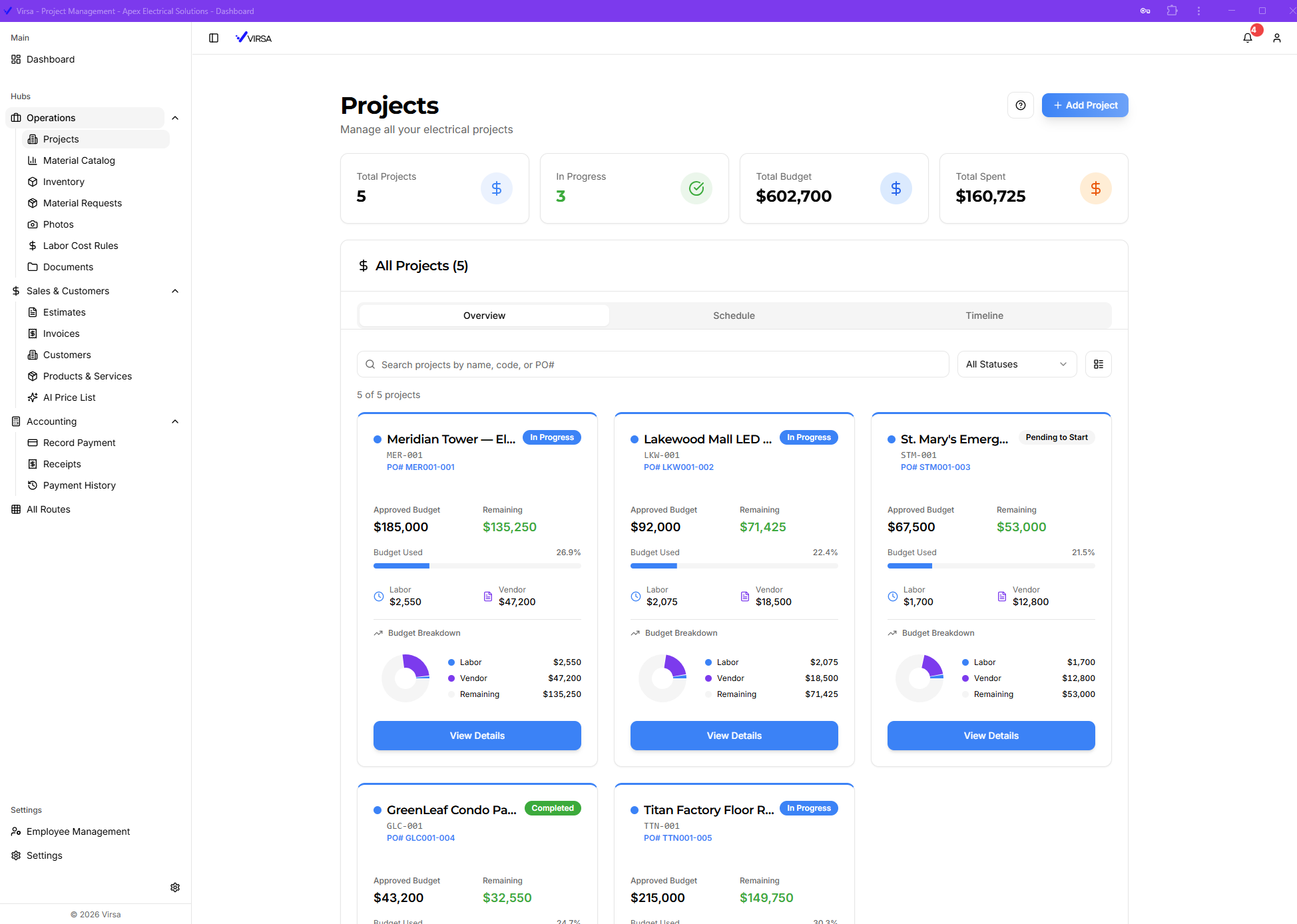 Virsa projects list view